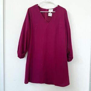 EVERLY Apricot Lane Mini Dress Magenta Puff Sleeve V Neck Shift Women M NWT